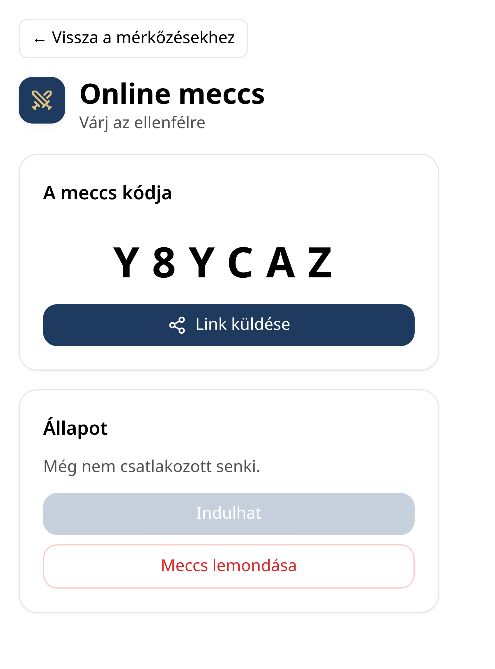 Az online meccs meghívó képernyője a hatjegyű kóddal és a Link küldése gombbal